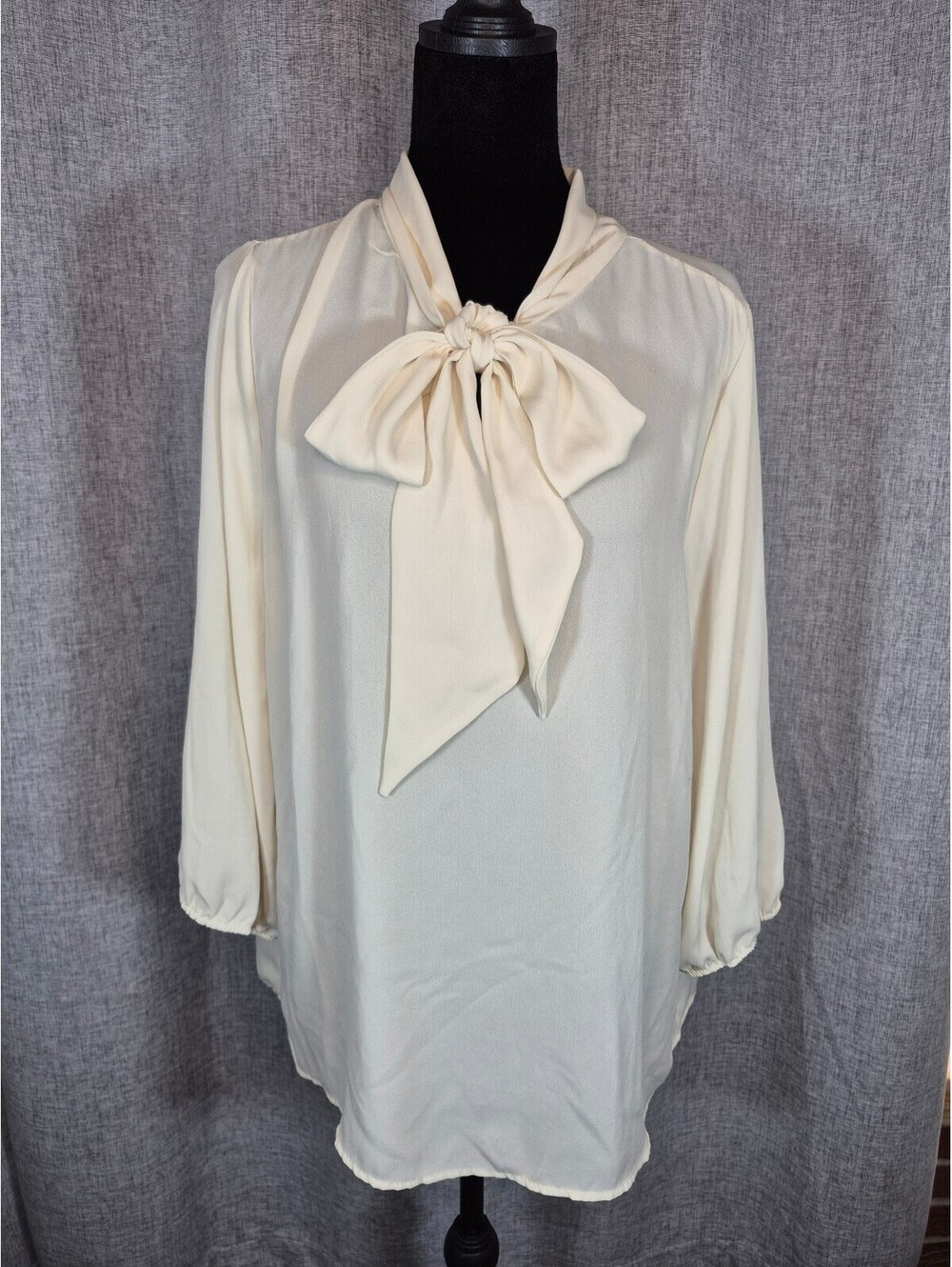 April USA Women’s Ivory Tie-Neck Blouse XL Sheer 3/4 Sleeve Made in USA